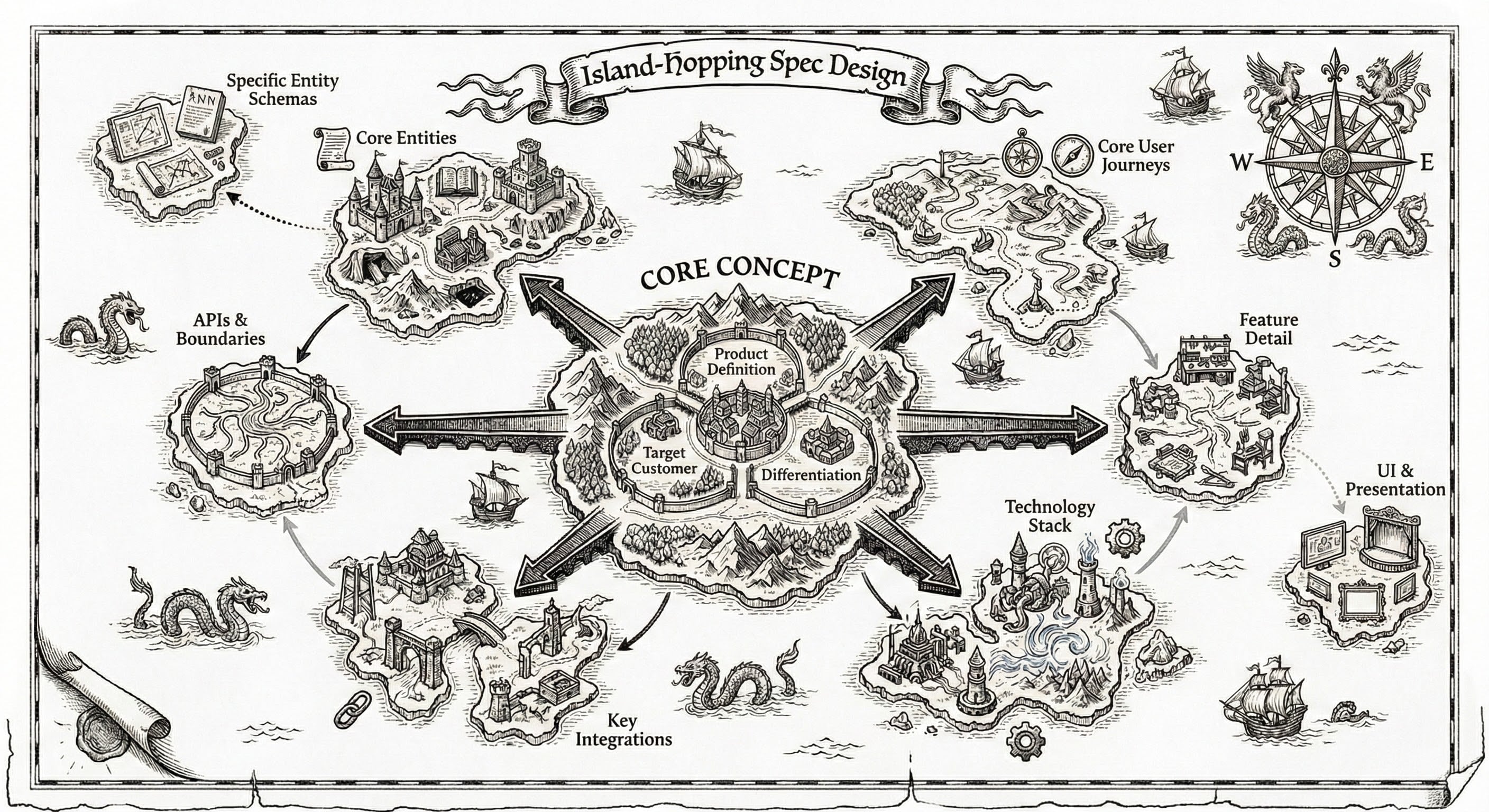 Island-Hopping Spec Design. The central island represents non-negotiable product intent. Surrounding islands represent decisions ordered by irreversibility, expanding outward from what is hardest to change to what is easiest. The governing principle is irreversibility, not sequence. This is a map of risk, not a timeline.